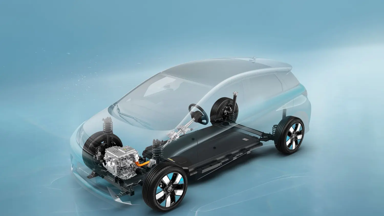 Plataforma de un BYD en transparencia con motor, dirección y batería